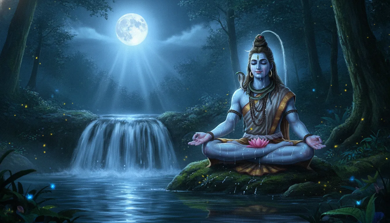 Shiva and Parvati sitting together in meditation near a glowing waterfall under a full moon.