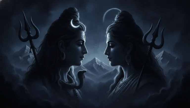 Artistic silhouette of Shiva and Parvati facing each other under a soft crescent moon