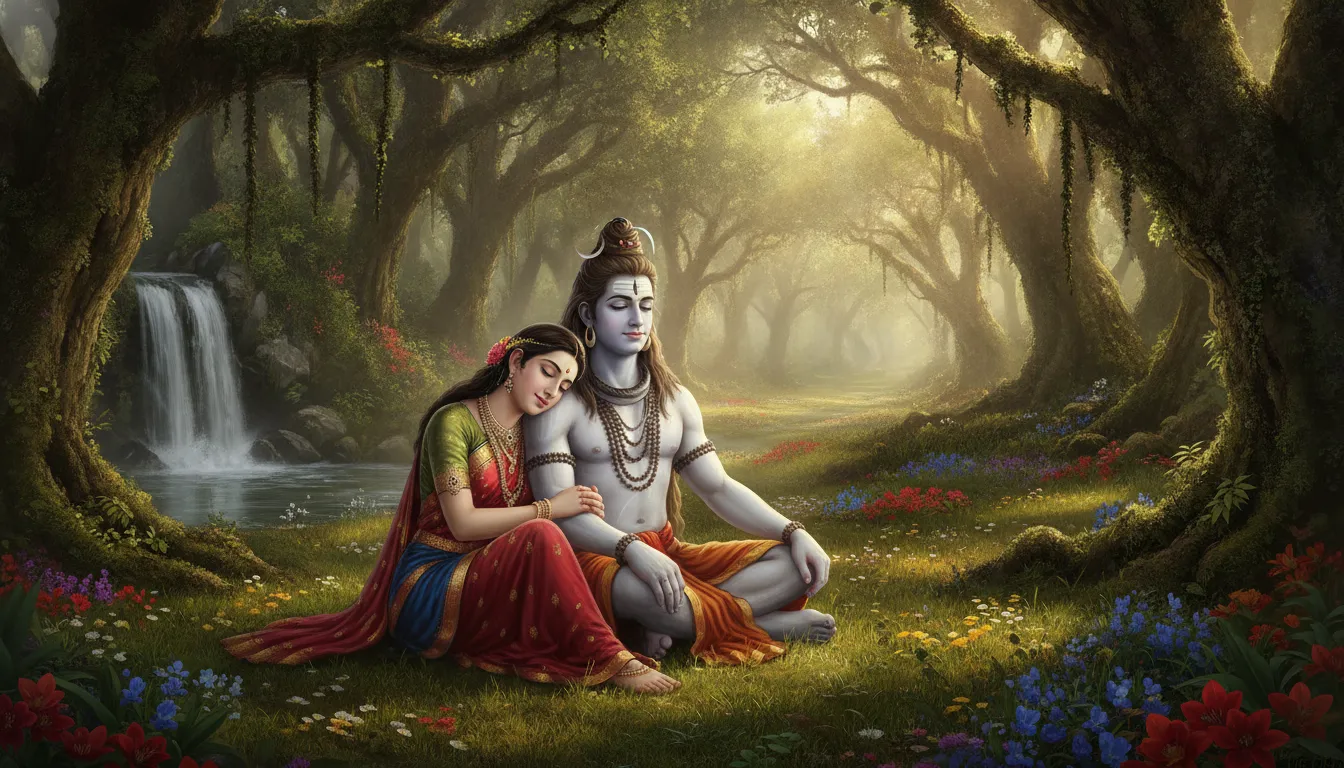 Goddess Parvati resting her head on Shiva's shoulder by a peaceful forest waterfall.