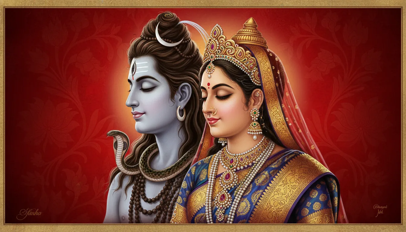 Royal traditional portrait of Shiva and Parvati with closed eyes, highly detailed royal golden jewelry, and a deep crimson textured background.