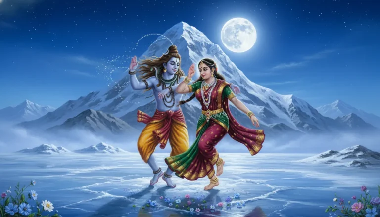 Artistic depiction of Shiva and Parvati dancing gracefully amidst the snow-covered peaks of Mount Kailash.