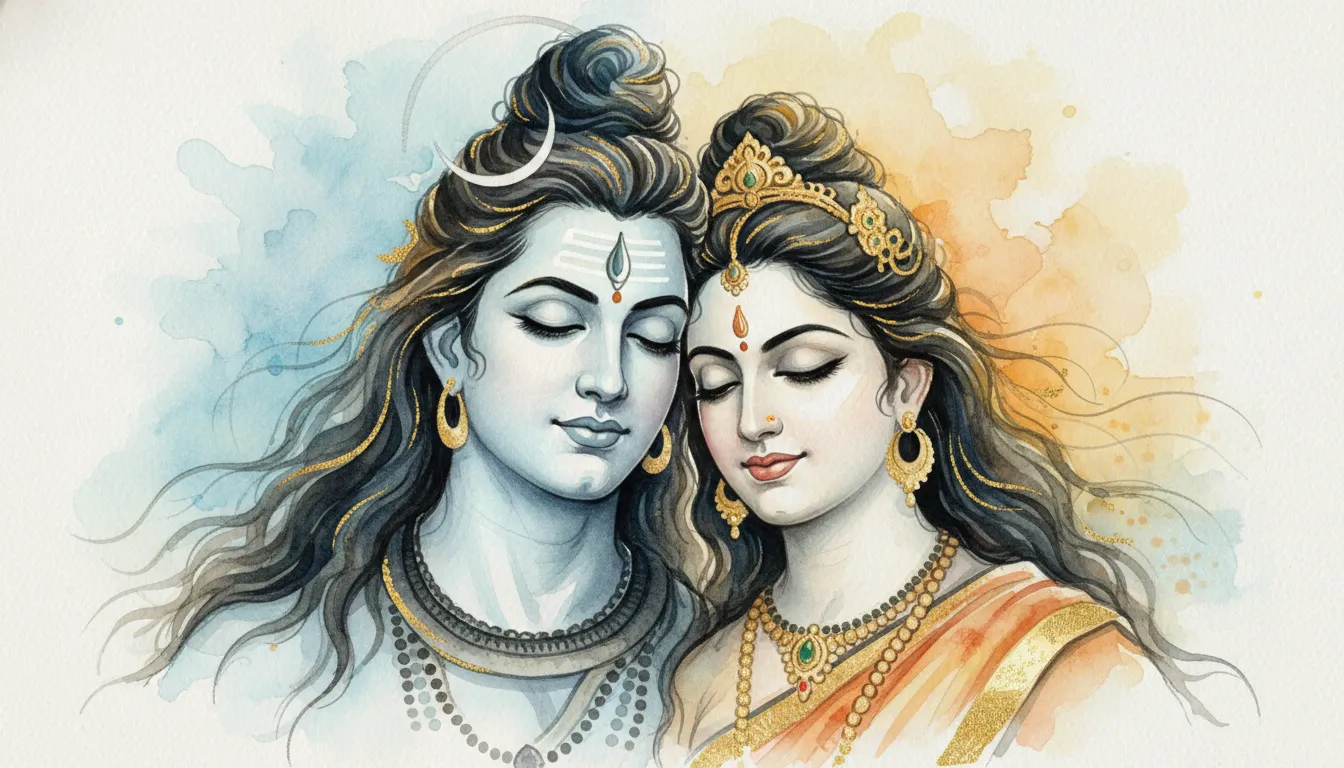 Soft watercolor painting of Shiva and Parvati with serene expressions, fine gold accents, and a soft pastel devotional background.