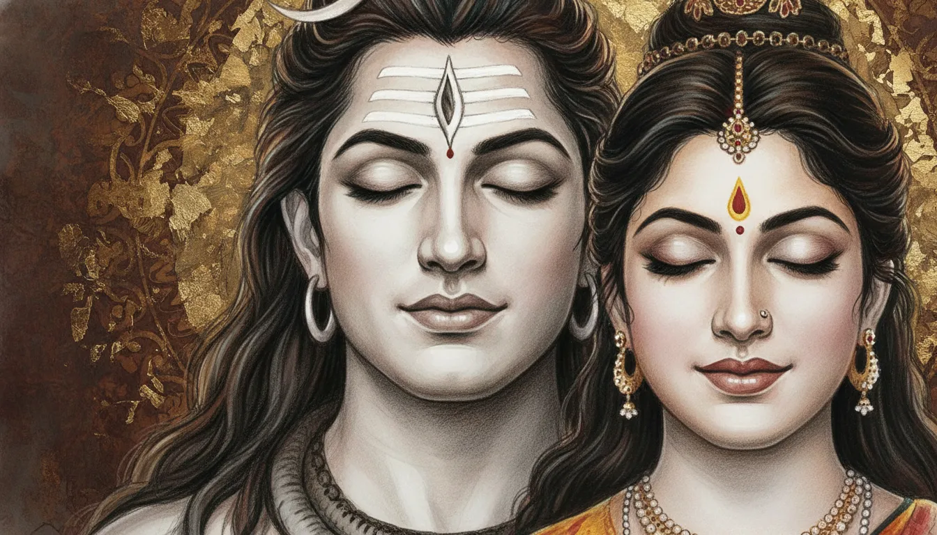 Detailed traditional sketch art of Shiva and Parvati with closed eyes, sharp facial features, and a textured gold and bronze background.