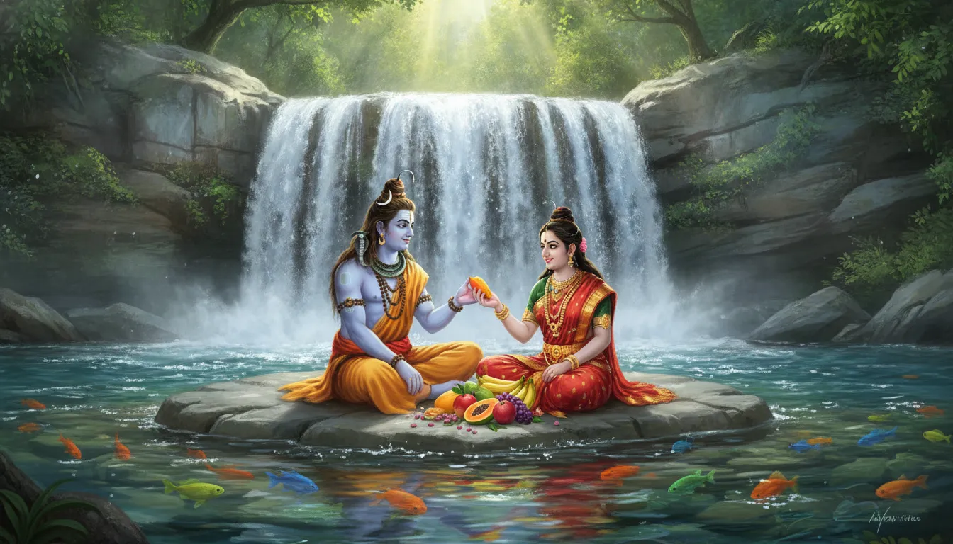 Shiva and Parvati sitting on a rock and sharing fresh fruits near a sparkling mountain stream and waterfall.