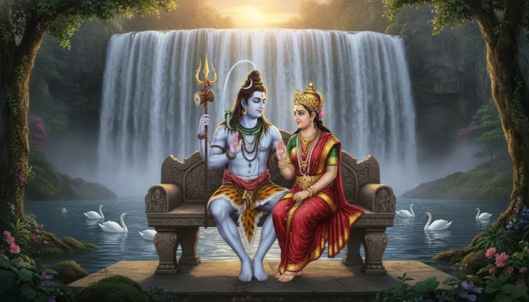 Shiva and Parvati dressed in elegant divine attire sitting gracefully by a majestic waterfall.