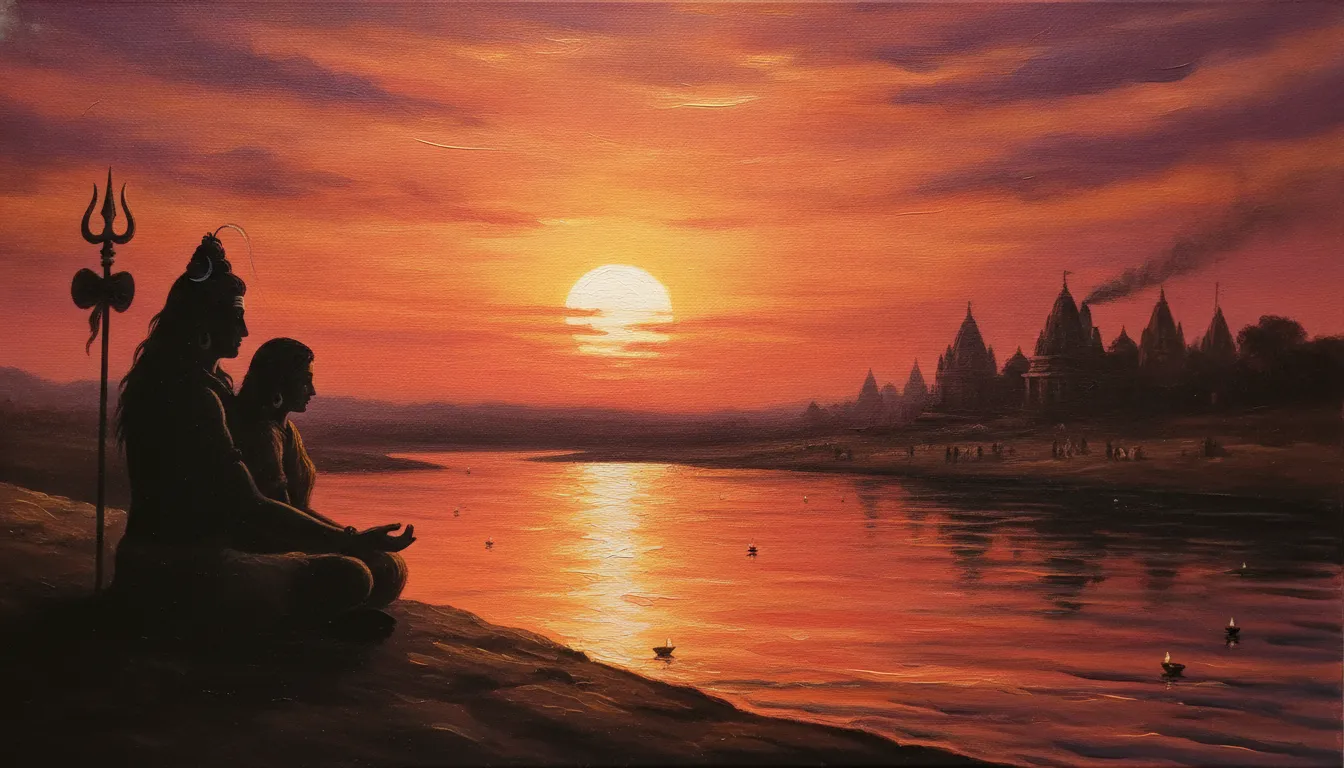 Silhouette artwork of Shiva and Parvati sitting by the Ganges during sunset