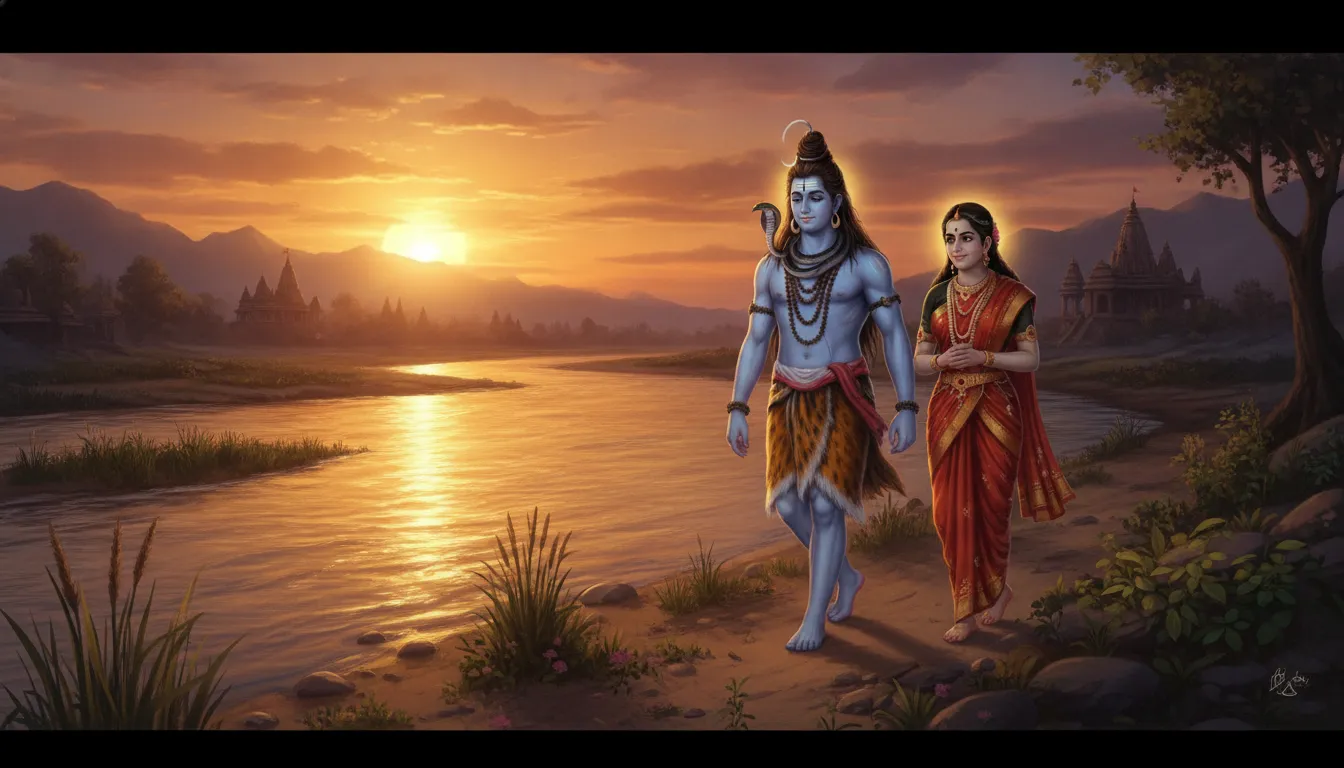 Shiva and Parvati walking along the banks of a river during golden sunset