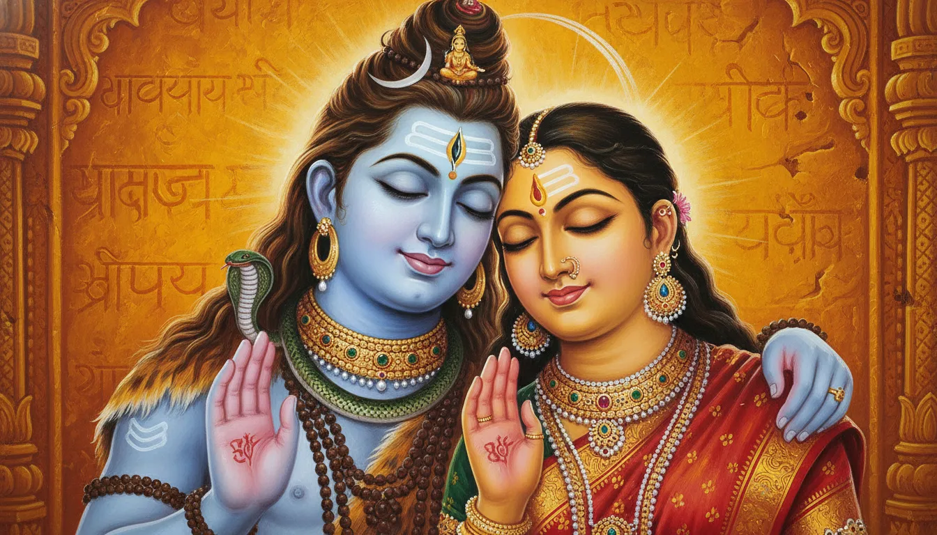 Classic Indian temple style painting of Shiva and Parvati with closed eyes, detailed traditional jewelry, and a warm saffron background.