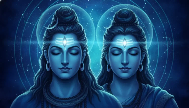 Spiritual illustration of Shiva and Parvati with glowing third eye chakras and a deep indigo cosmic aura
