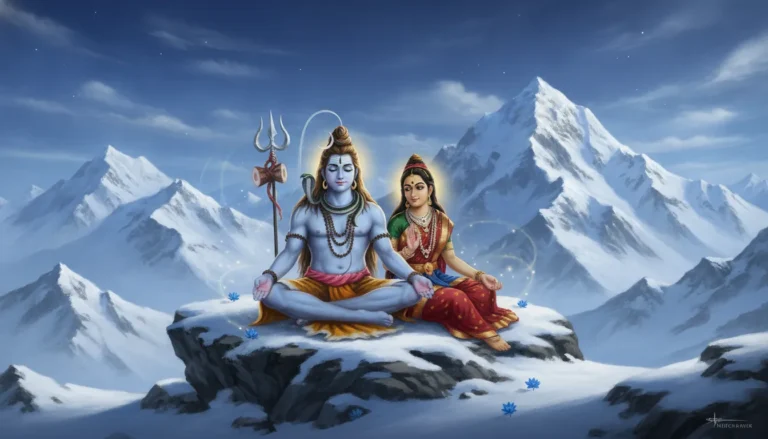 Lord Shiva and Goddess Parvati sitting together on Mount Kailash painting
