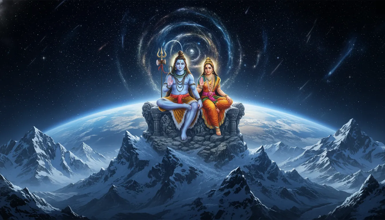 shiva parvati looking down at planet earth from high kailash mountain peak