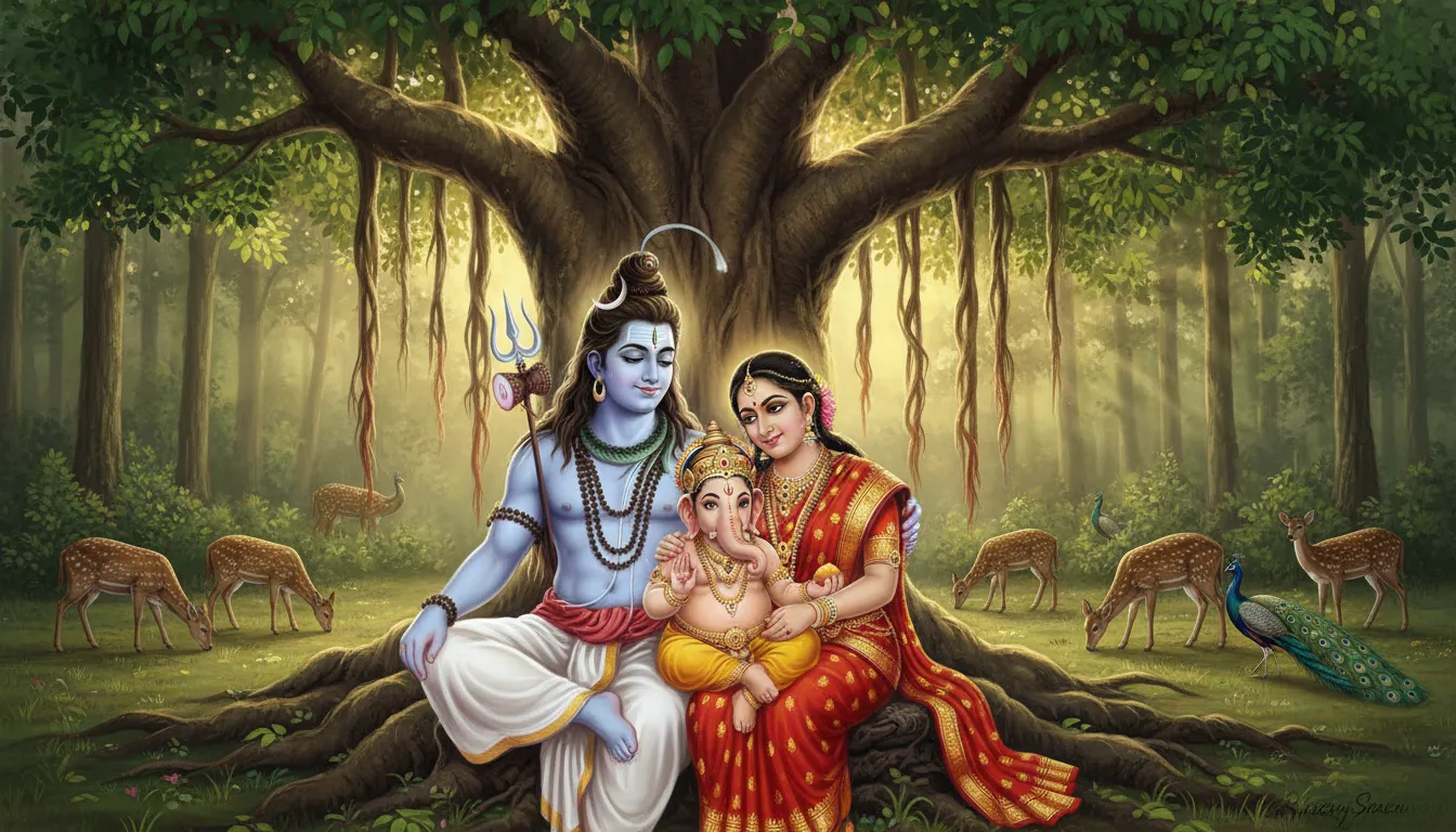 Peaceful family portrait of Lord Shiv Mahadev Goddess Parvati and young Lord Ganesha sitting under a banyan tree.
