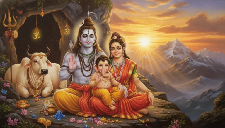 A beautiful painting of Lord Shiva, Goddess Parvati, and young Lord Ganesha sitting together.