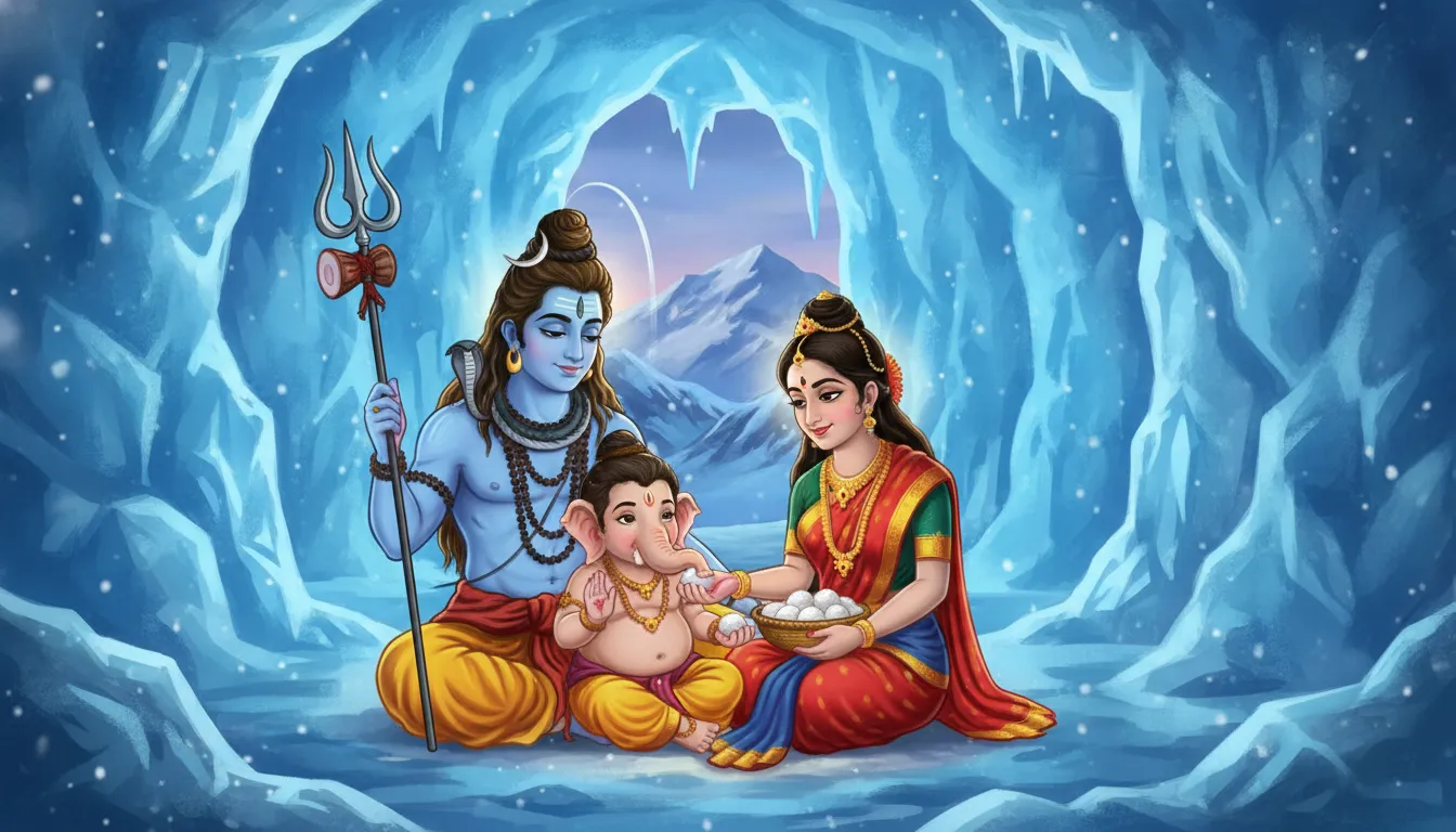 Animated cartoon of Shiva, Parvati, and little Ganesha sitting together happily inside a blue cave.