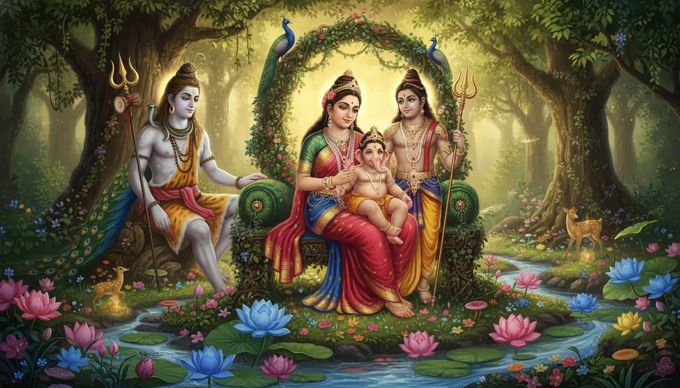Artistic wallpaper of Lord Shiva, Parvati, infant Lord Ganesha, and young Lord Kartikeya