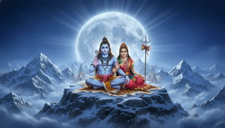 lord shiva and parvati giving blessings from kailash mountain moonlight