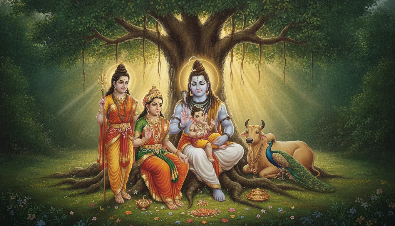 A complete Shiva family painting featuring Shiva, Parvati, young Ganesha, and Kartikeya with Nandi nearby under a sacred tree.