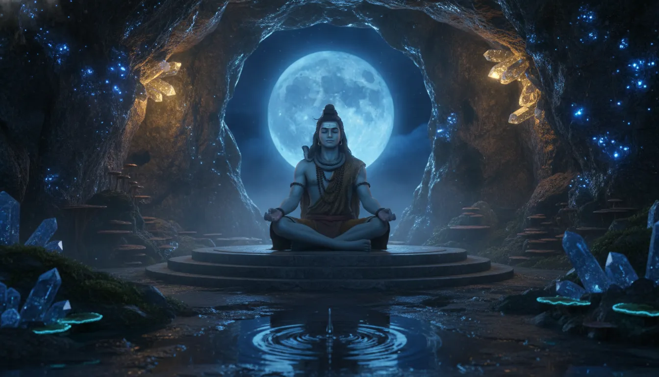 Lord Shiva meditating inside a dark glowing blue cave under a full moon view.