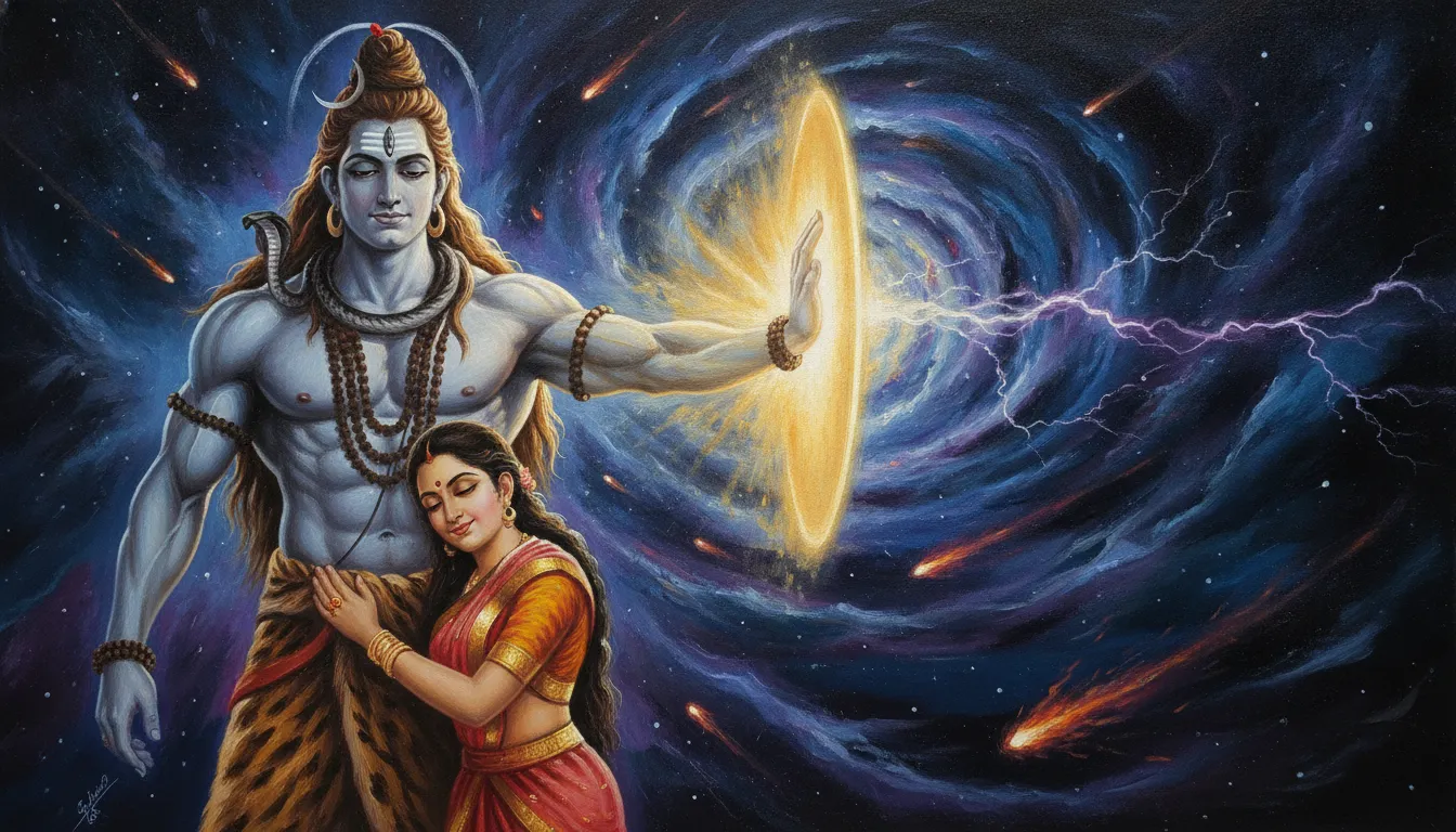 Shiva extending his arm and shielding Parvati from swirling cosmic storms and lightning
