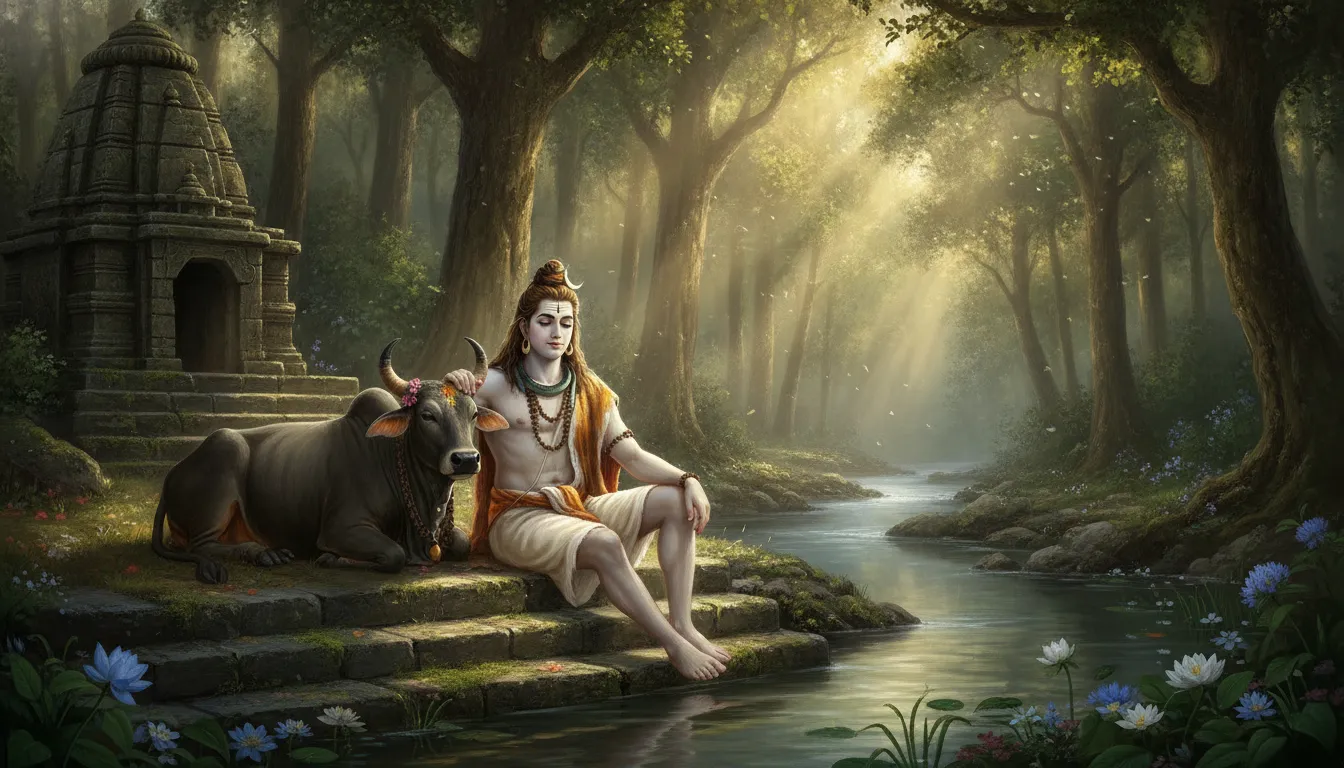 Lord Shiva in a relaxed pose sitting on stone steps by a river, leaning against a dark bull in a forest setting.