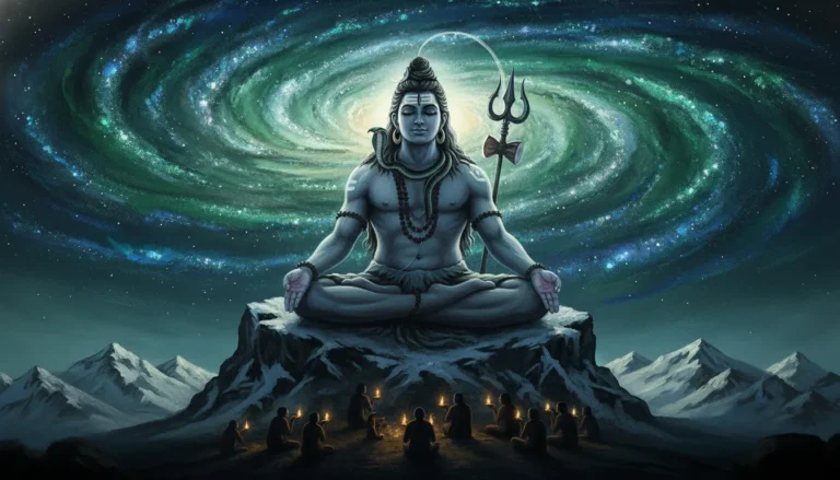 Devotees praying at the feet of Lord Shiva while he meditates under a starlit mountain sky.