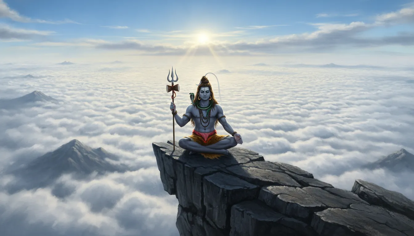 Lord Shiva meditating on a high rocky cliff overlooking a vast sea of white clouds during midday.