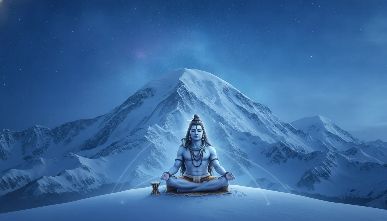 Lord Shiva in deep samadhi on top of a snow-covered Himalayan mountain at night.