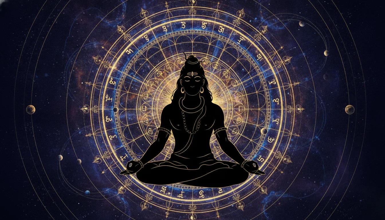 A serene silhouette of Lord Shiva meditating against a giant glowing geometric cosmic mandala.