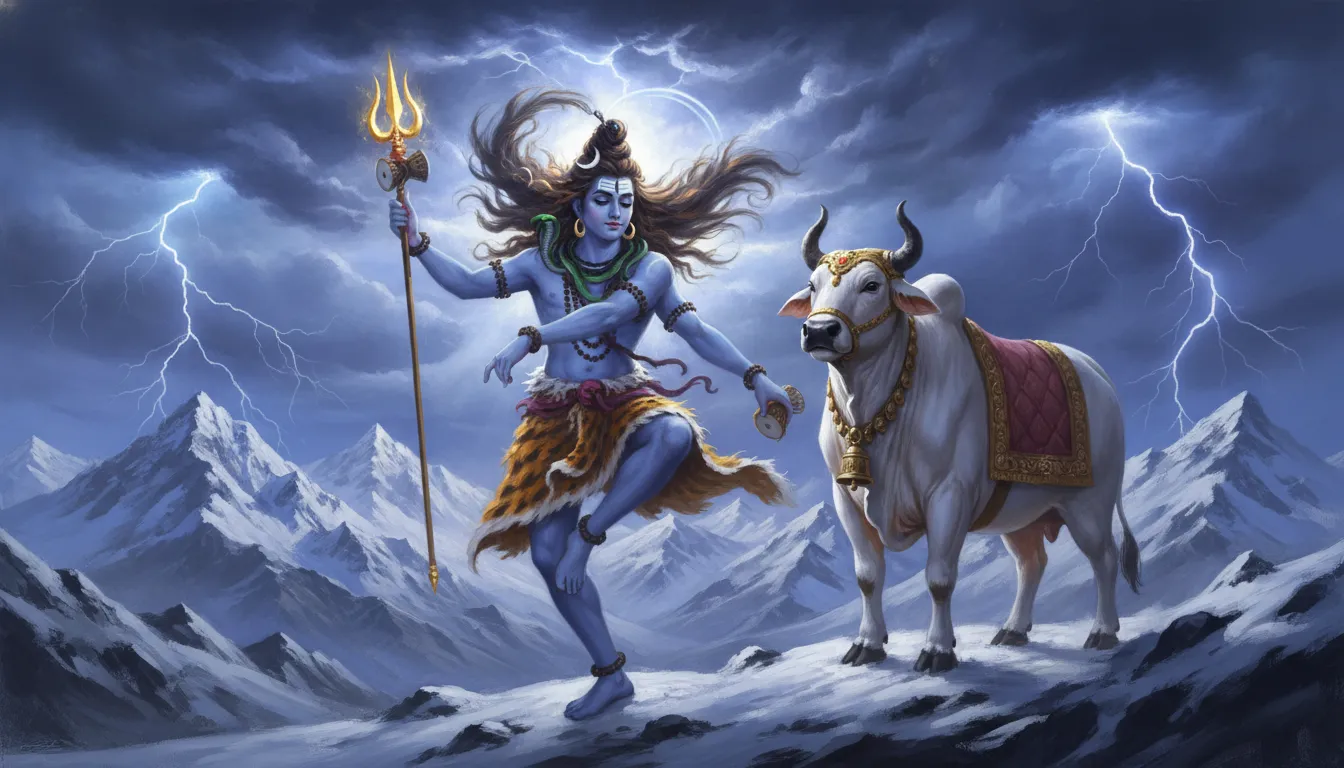 An energetic artwork of Lord Shiva performing the Tandava dance with Nandi standing protectively amidst dark mountain clouds.