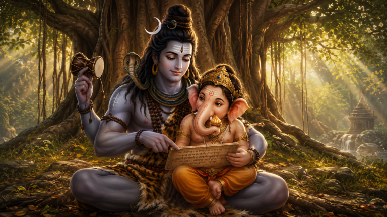 Lord Shiva explaining a sacred text to a curious young Ganesha under a large banyan tree.