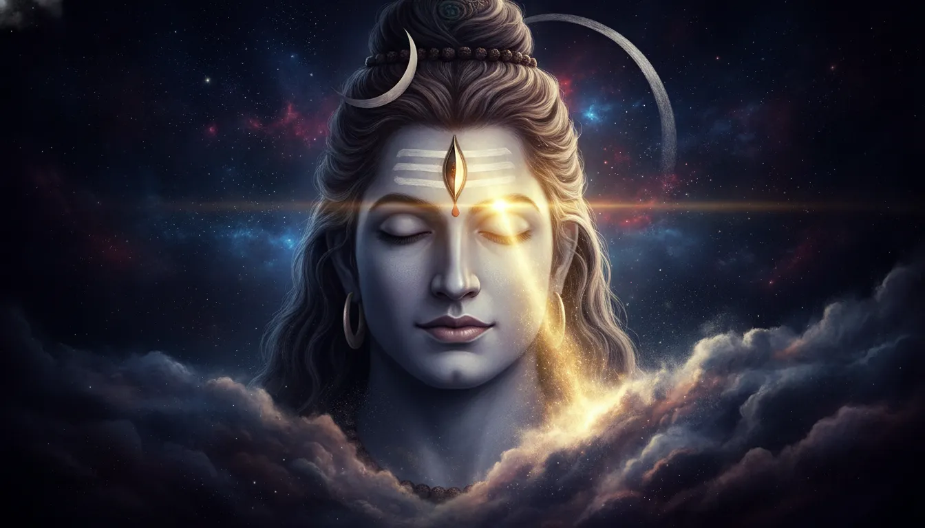 Close-up digital art of Lord Shiva's closed eyes with a radiant golden third eye opening amidst cosmic stars.