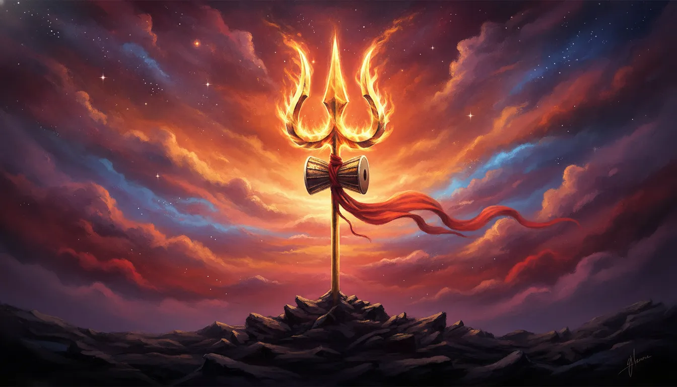 A golden Trishul standing upright in the ground with cosmic fire swirling around the blade against a space background.
