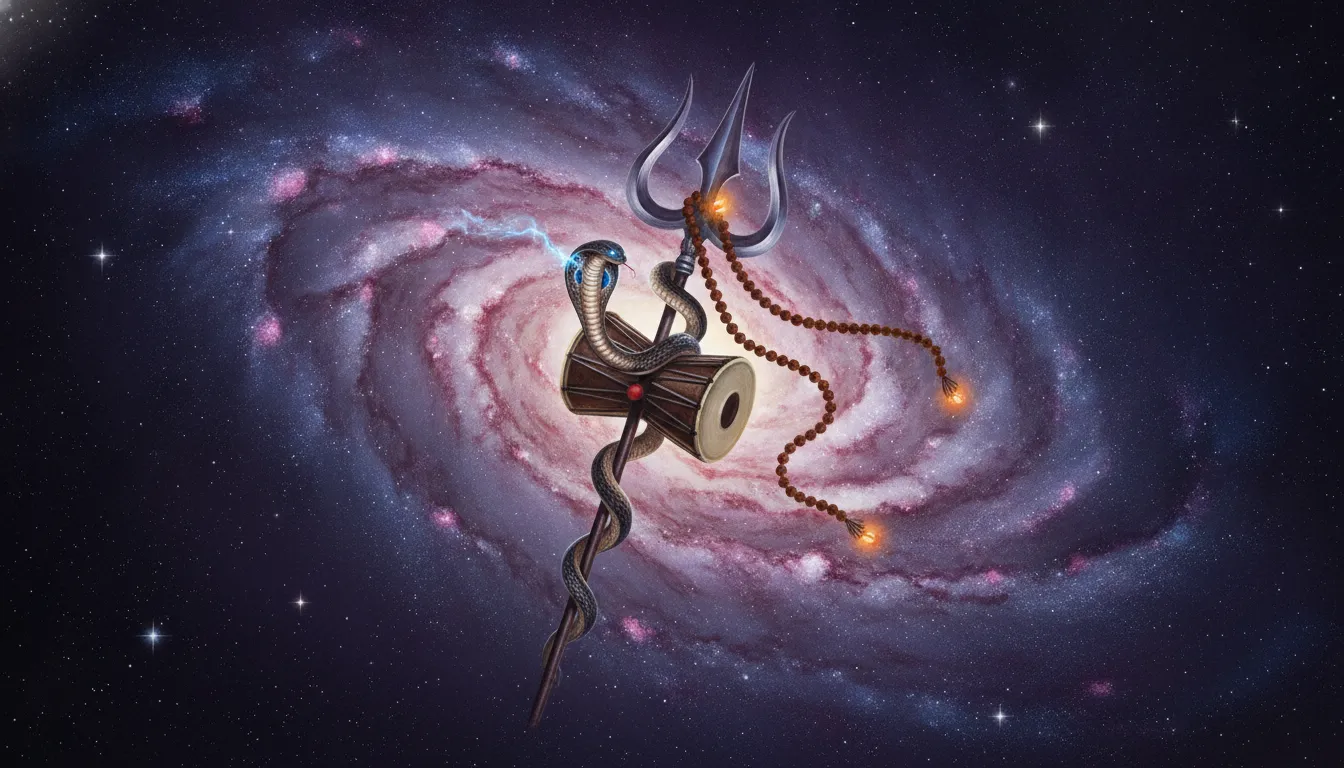 Lord Shiva's holy Trishul and Damru floating in deep space surrounded by spiral galaxies.