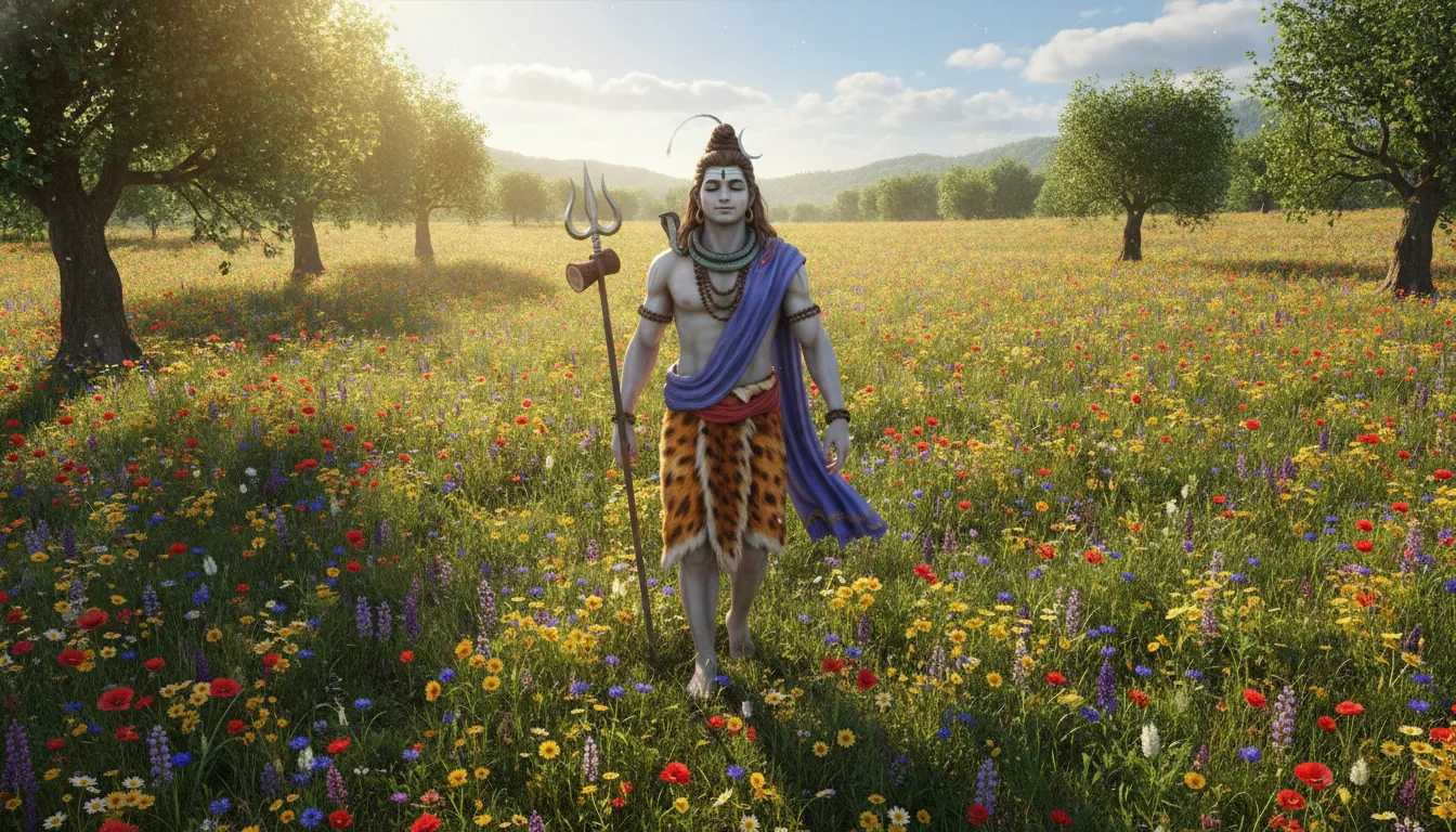 Digital art of Lord Shiva walking gracefully through a bright field filled with colorful summer wildflowers under a clear sky