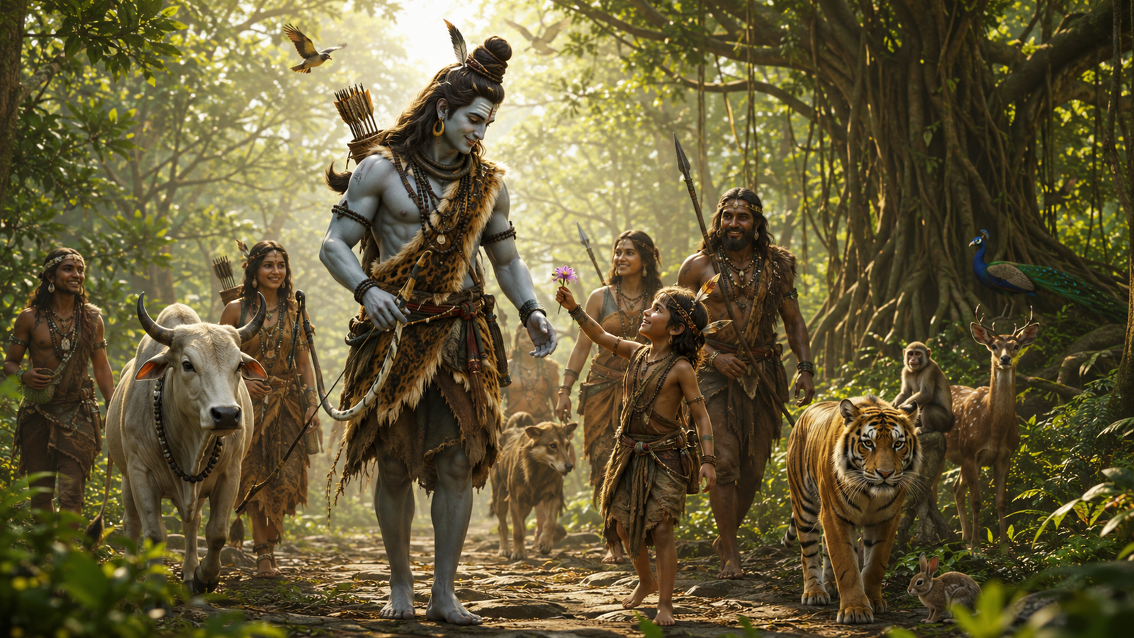 Lord Shiva holding a staff, walking alongside tribal villagers and children through a vibrant jungle.