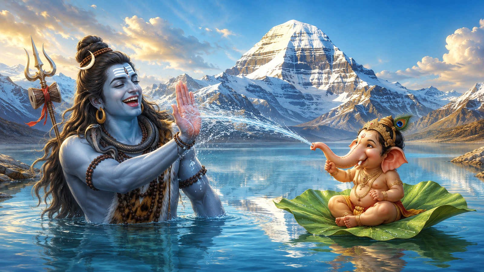 Lord Shiva sitting in the crystal-clear waters of Lake Mansarovar while baby Ganesha splashes water playfully.