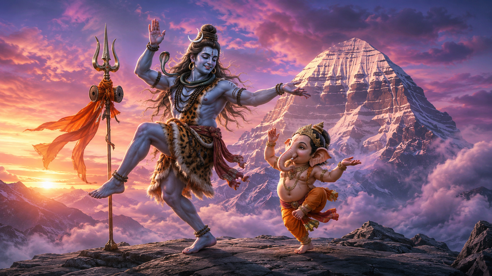 Lord Shiva performing a gentle cosmic dance while baby Ganesha tries to copy his movements.