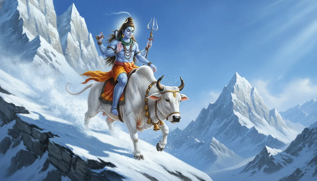 Lord Shiva riding Nandi down the snowy peaks of Mount Kailash.
