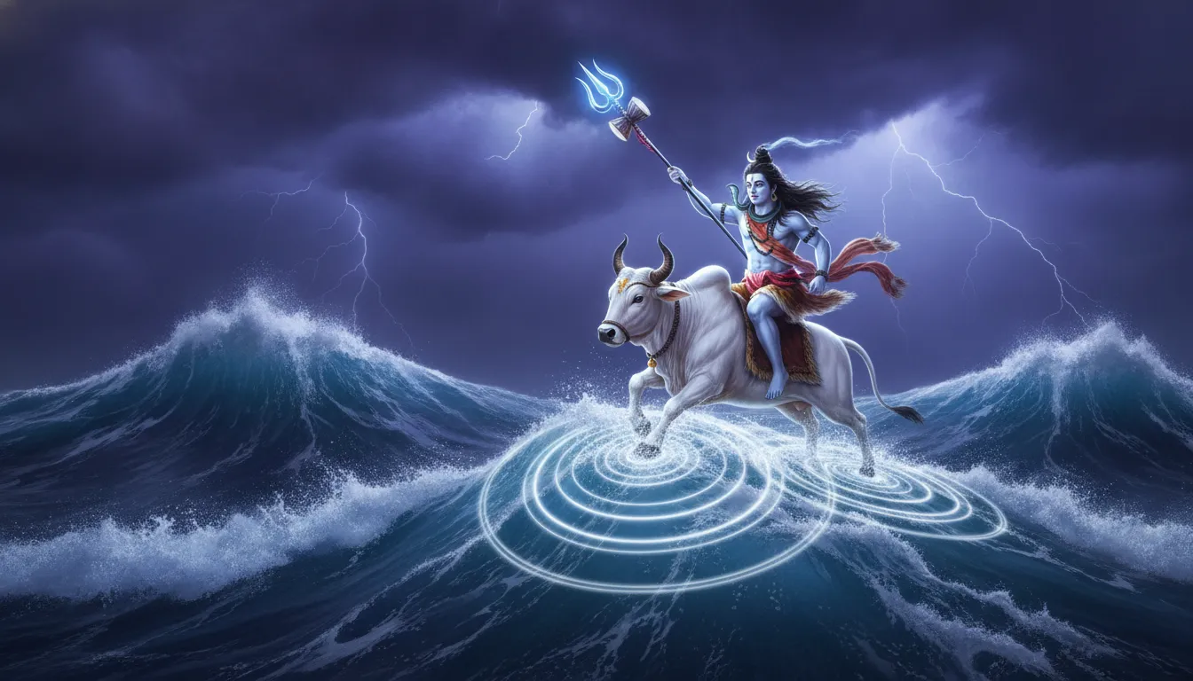 Lord Shiva riding Nandi over stormy ocean waves during cosmic transformation.