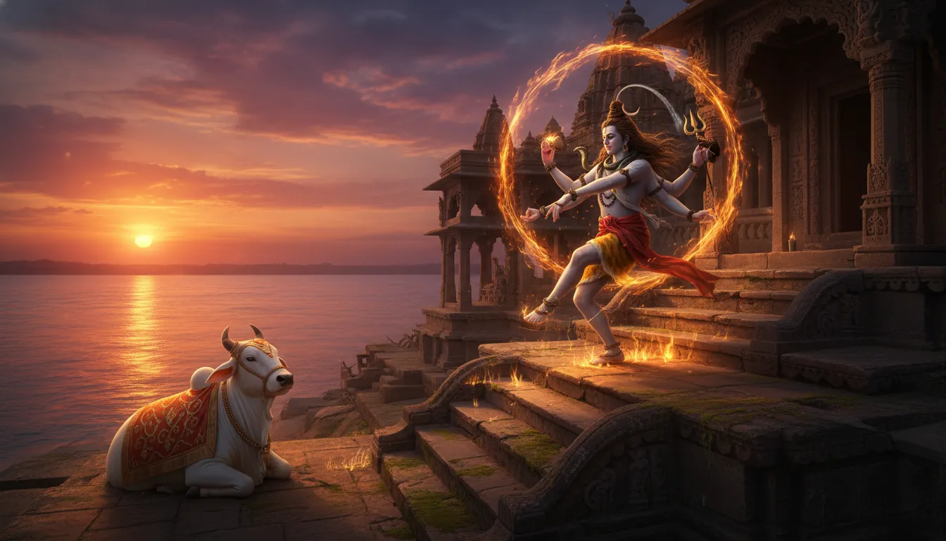 Lord Shiva dancing with Nandi during twilight on the stone steps of a holy river ghat.