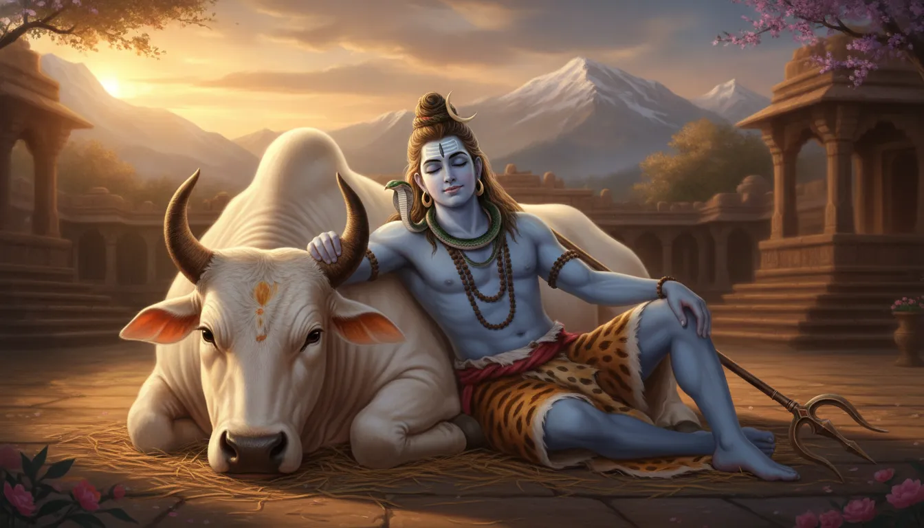Lord Shiva resting next to his divine vehicle, Nandi the bull, for Har Har Mahadev Ka Photo