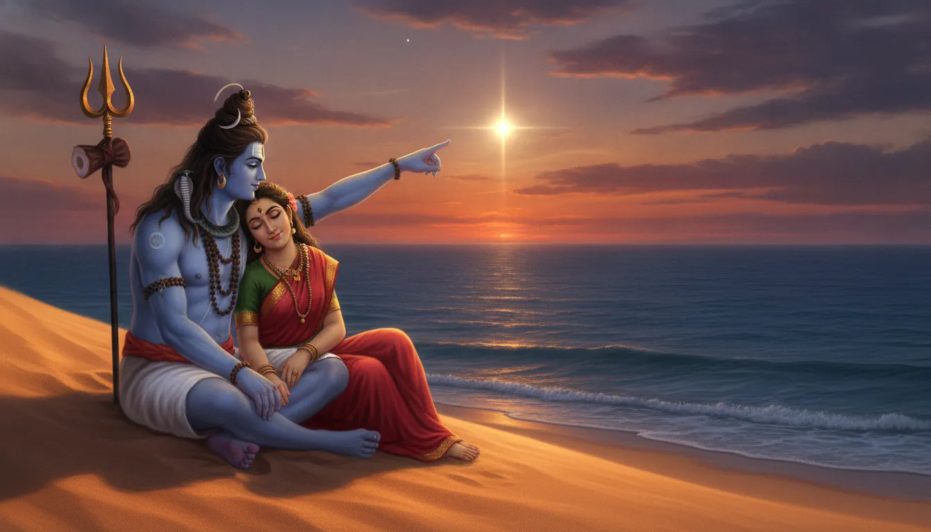 Shiva pointing to the sky showing Parvati the first star over the ocean at sunset