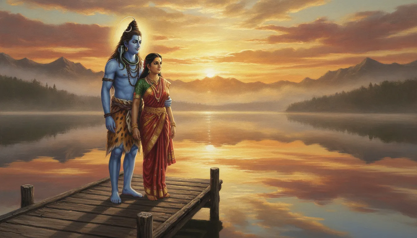 Shiva and Parvati watching a vibrant sunrise reflection on a calm mountain lake
