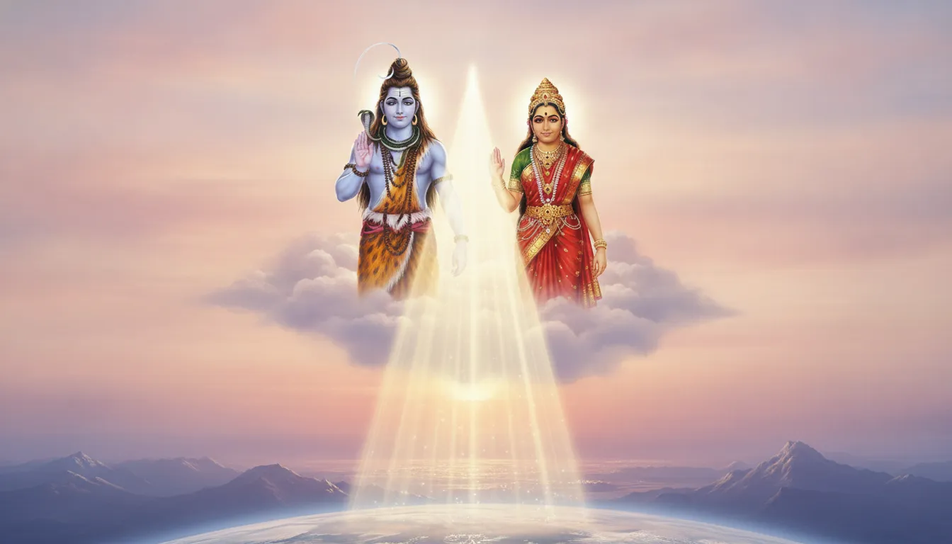 Shiva and Parvati standing side by side on a cloud raising their hands in a joint blessing.