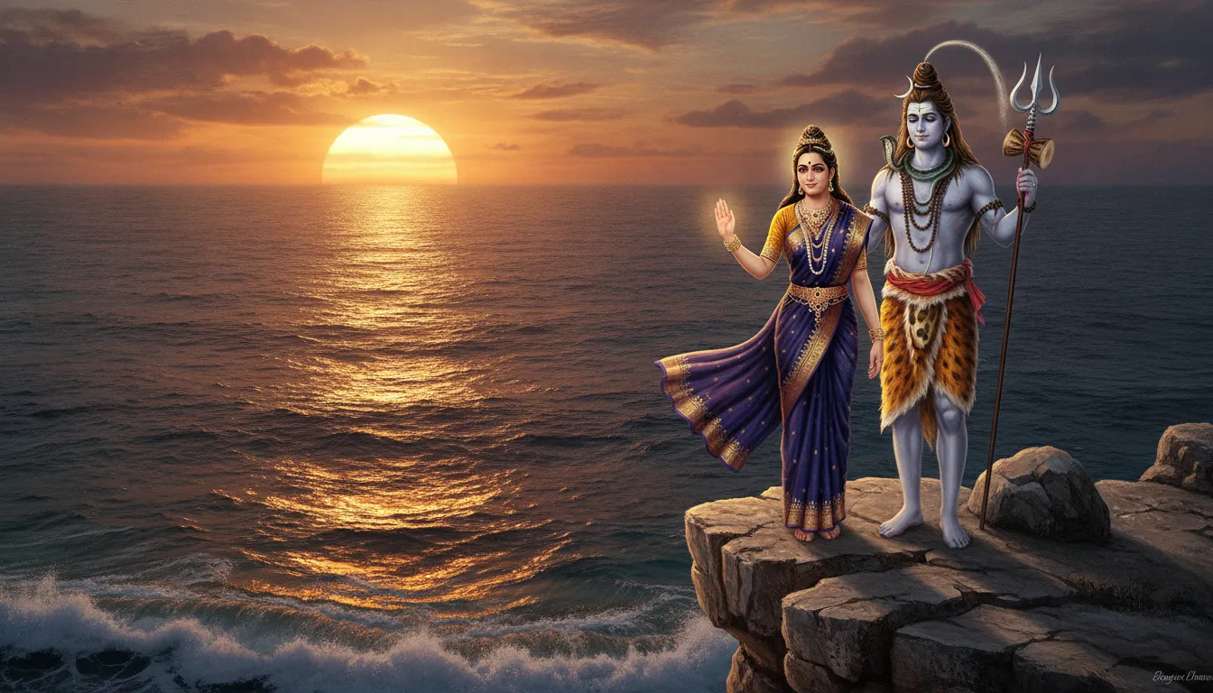Lord Shiva and Parvati raising hands in blessing over the ocean during sunset