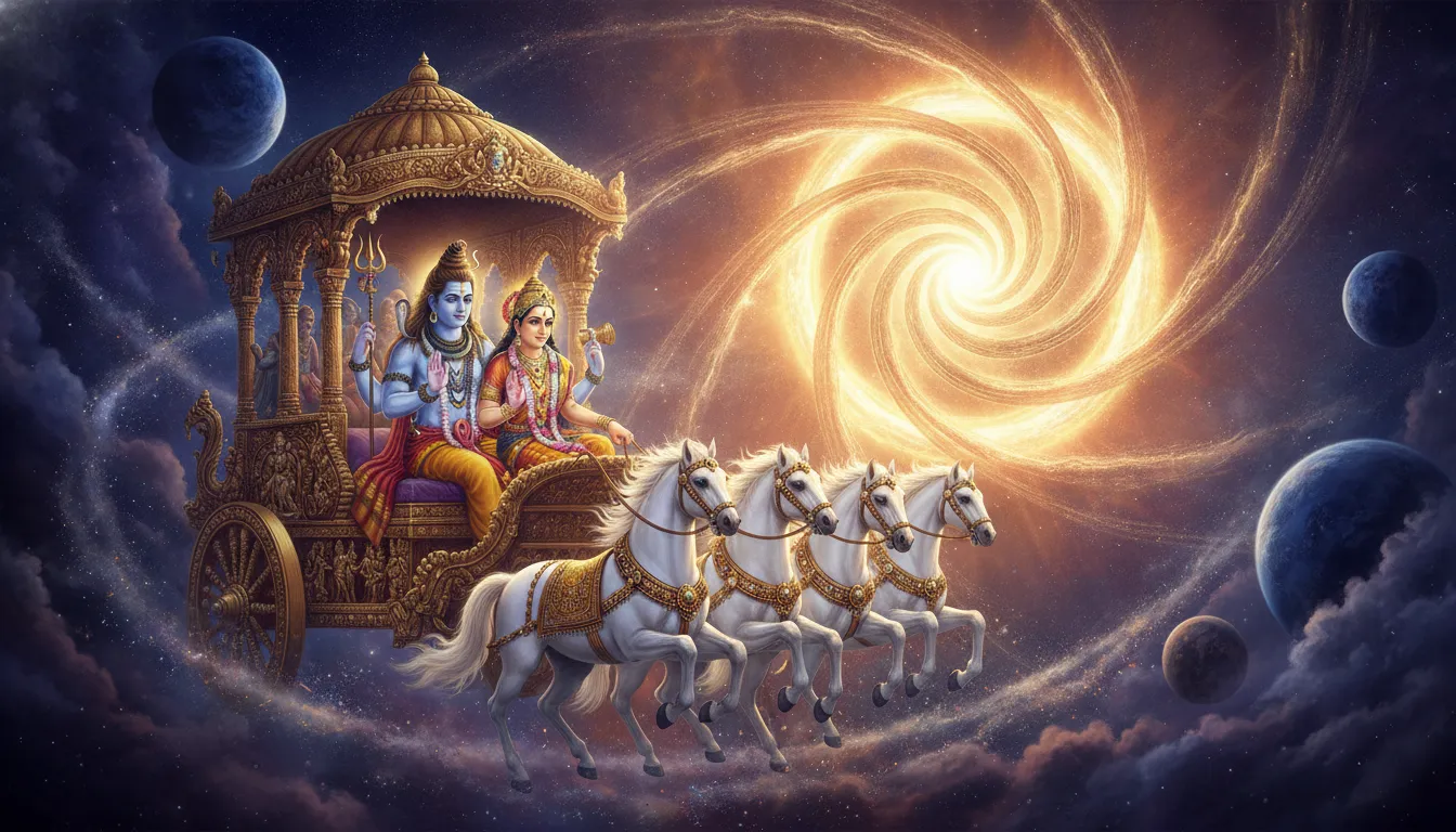 Shiva and Parvati on a glowing chariot ascending toward a divine cosmic portal