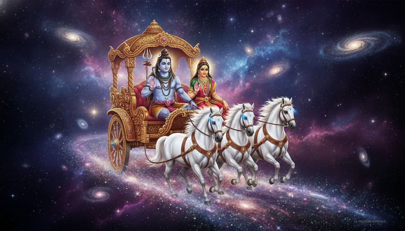 Shiva and Parvati sitting peacefully on a floating chariot surrounded by distant planets