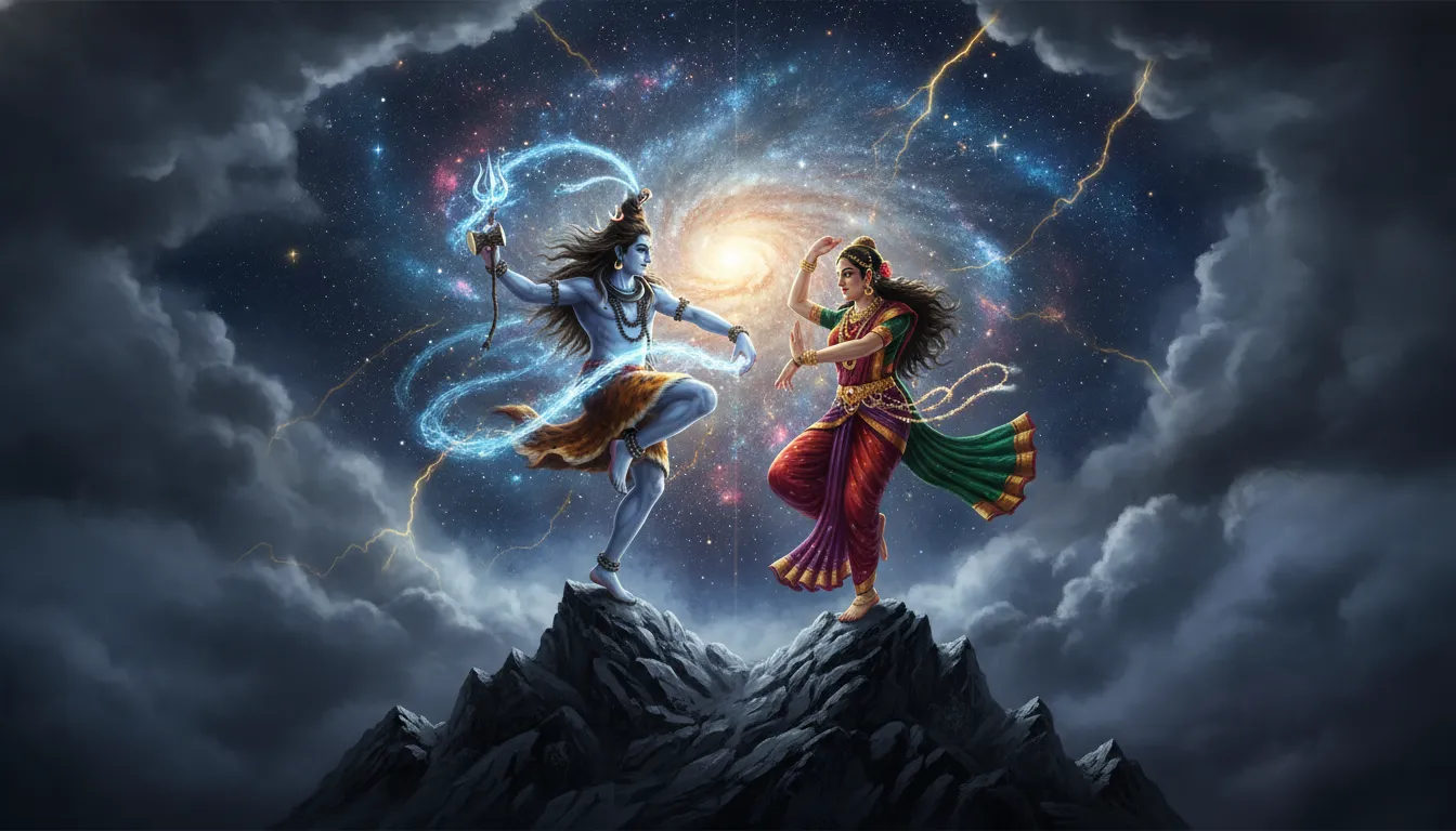 Digital painting of Shiva and Parvati performing a divine cosmic dance on a rugged mountain top.
