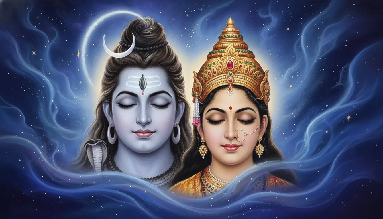Cosmic traditional artwork of Shiva and Parvati with closed eyes, dark flowing hair, brilliant gold crowns, and a starry spiritual background.