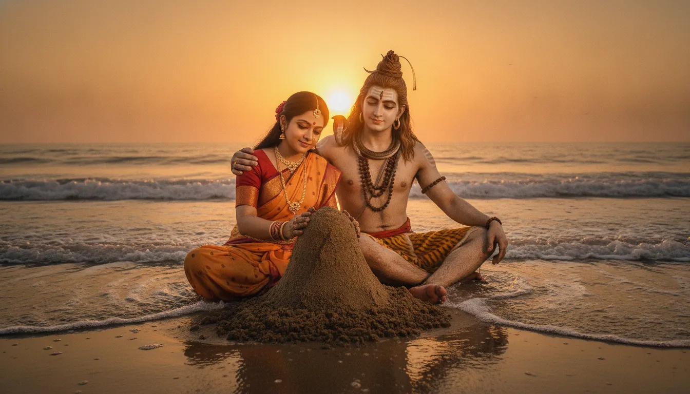 Goddess Parvati making a sand Shiva Lingam near the ocean waves at sunset
